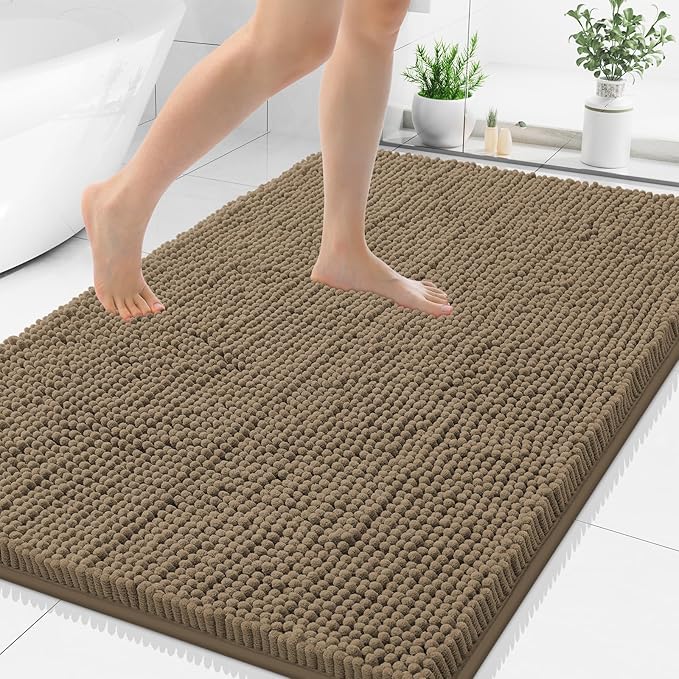 Smiry Luxury Chenille Bathroom Rugs 48x32, Extra Soft and Absorbent Shaggy Bath Mat, Machine Washable, Non-Slip Plush Carpet Runner for Tub, Shower, and Floor, Home Decor Accessories, Camel
