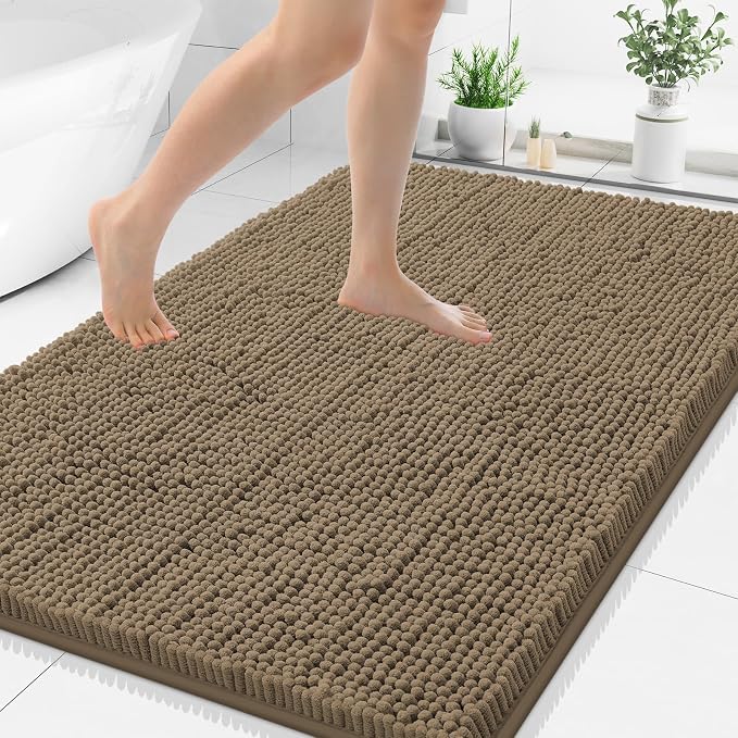 Smiry Luxury Chenille Bathroom Rugs 40x32, Extra Soft and Absorbent Shaggy Bath Mat, Machine Washable, Non-Slip Plush Carpet Runner for Tub, Shower, and Floor, Home Decor Accessories, Camel