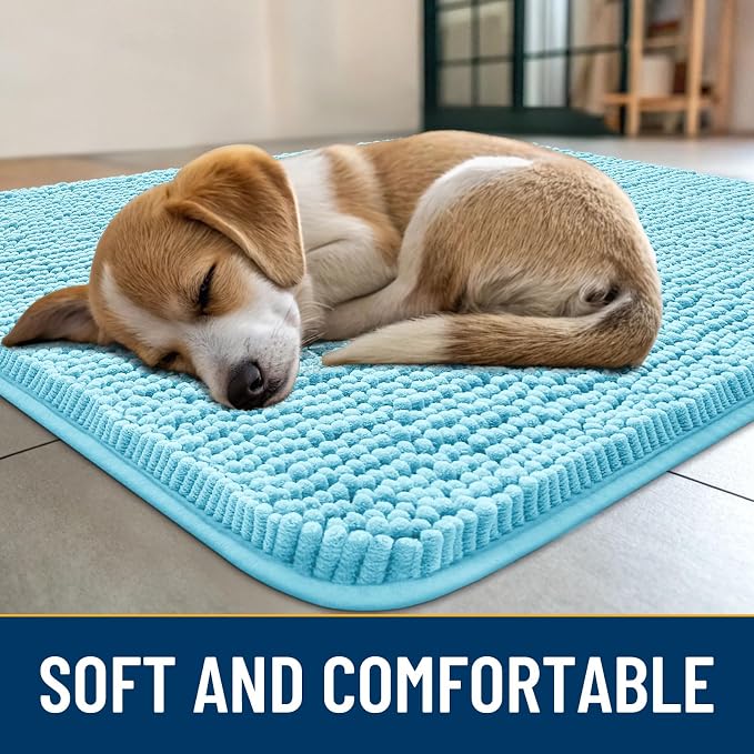 Smiry Dog Door Mat for Muddy Paws 36x24, Absorbent Dirt Trapper, Non-Slip Washable Chenille Entryway Rug for Inside Floor, Sky Blue, Classic Solid
