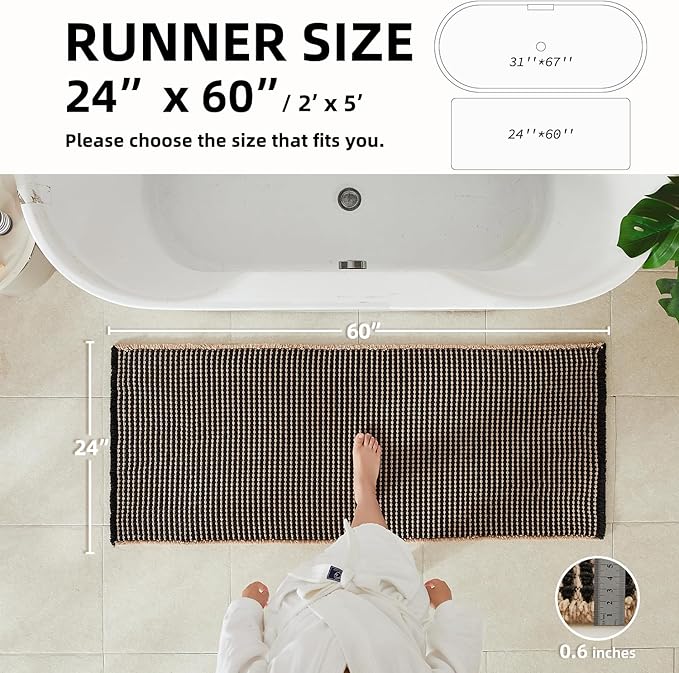 TYUU Waffle Runner Rug Bathroom, Long Boho Bathroom Rugs Non Slip Washable Super Absorbent Quick Dry Farmhouse Bath Decor, 60"x24" Khaki and Black