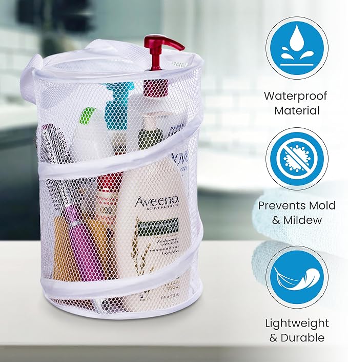 Handy Laundry Portable Shower Caddy – Foldable Mesh Organizer with Handle, Quick Dry, Large Compartments, Drainage Hole, Ideal for Dorm, College, Gym, Travel, Camp – White