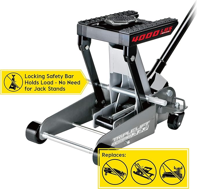 Powerbuilt 2 Ton Triple Lift Floor Jack, Works on Cars, Trucks, Motorcycles, ATV's, Transmissions, 4-3/4 to 17 in. Range, Wide and Stable, Locking Safety Bar - 620422E
