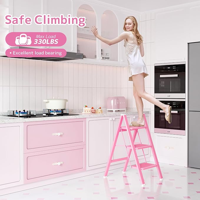 Pink Step Ladder 3 Step Folding, Small Step Stool for Women to Reach Higher Places, Widen 7.9Inch Pedal for Comfortable Use, Anti-Slip Foot for Safe Use, Sturdy and Fold Thin, 330Lbs Load