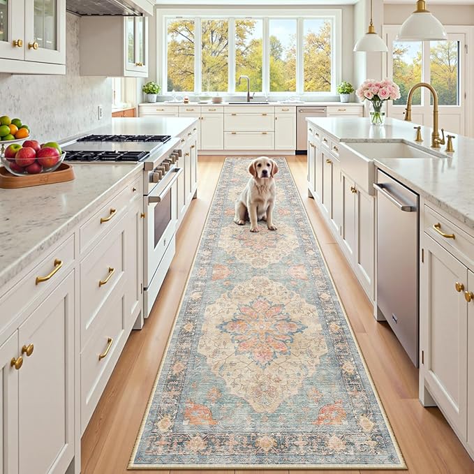 RELEANY Area Rugs Runner 2'x10' Washable Non-Slip, Floral Vintage Distress Medallion Carpet for Kitchen Hallway Bedroom Beside Laundry Room Bathroom, Blue Orange Red