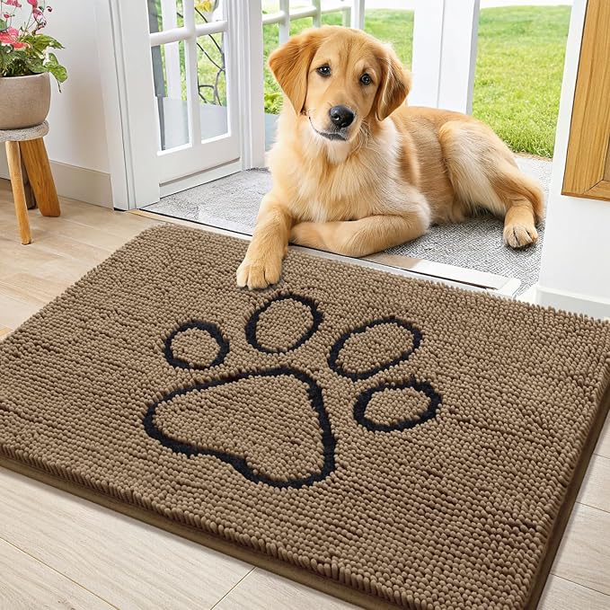 Smiry Dog Door Mat for Muddy Paws, Absorbent Dirt Trapper Non Slip Quick Dry Washable Chenille Mat for Mud Dogs, Entry Rug for Indoor and Outdoor (34x21 Inches, Camel and Black)