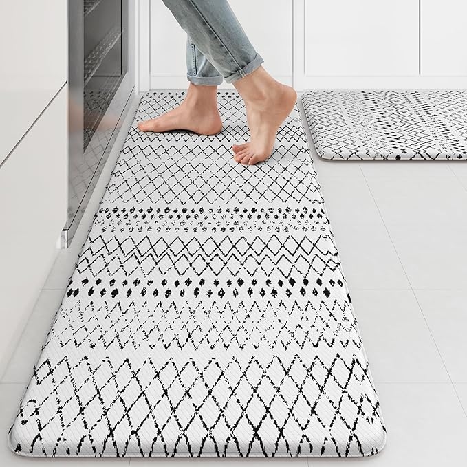 KIMODE Kitchen Mats 2PCS,Cushioned Anti Fatigue Kitchen Rugs and Mats,Non Skid Waterproof Kitchen Mats for Floor,Comfort Foam Standing Mat for Home Decor, Office,Sink,Laundry Room,Desk,Black and White