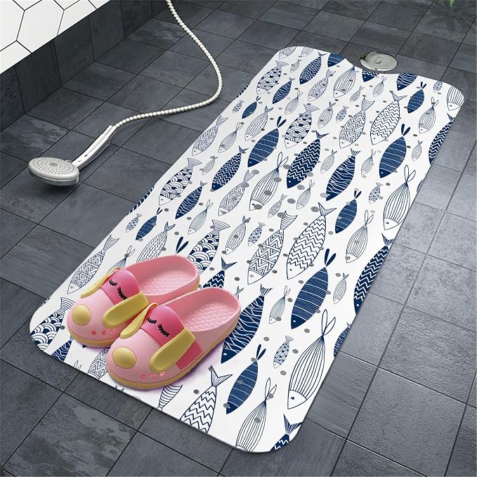 Fish Bathtub Mat Non Slip, Boho Baby Bath Mat for Tub Rubber Tub Mat, Cute Kids Bath Mats for Bathroom Ocean Anti Slip Shower Mat with Suction and Drain Holes Machine Washable, 40″X16″