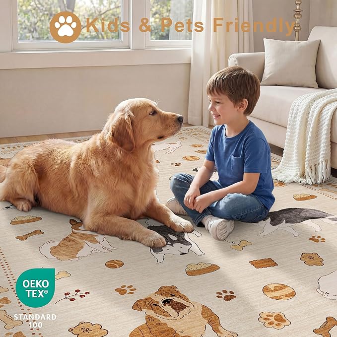 DUKINO 6x9 Rug for Living Room, Lightweight Animal Dog Print Washable Area Rug, Non Slip & Low Pile Floor Mat, Stain Resistant Large Carpet for Bedroom, Nursery, Farmhouse, Kids Playroom, Beige Yellow