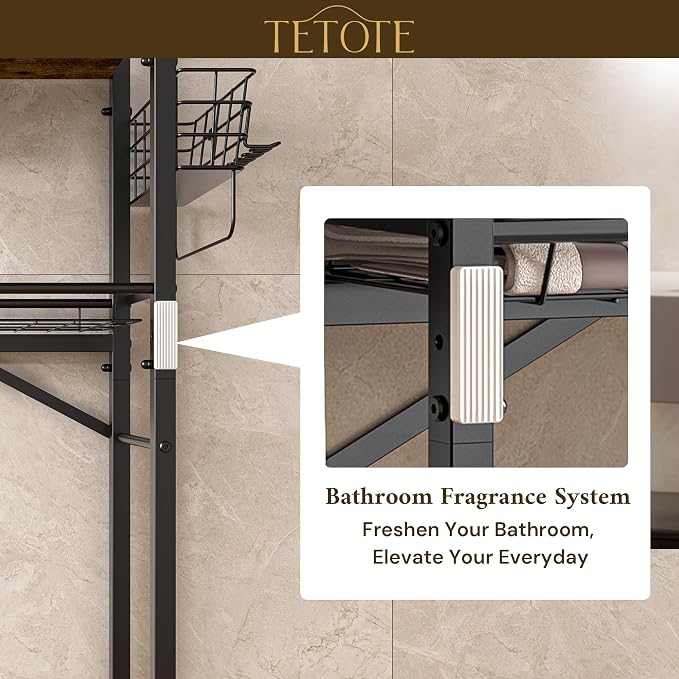 TETOTE Over-The-Toilet Storage Rack, 4-Tier Bathroom Organizer Shelf Over Toilet with Adjustable Shelf and Basket, Freestanding Space Saver Bathroom Shelves Above Toilet for Room(Brown)
