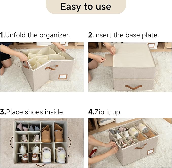 StorageWorks Shoe Organizer for Closet, 2 Pack Shoe Storage Boxes with Clear Lid, Stackable Shoe Storage Organizer for Sandals and Slippers, Fabric Shoe Bins for Closet, Holds 16–32 Pairs, Taupe