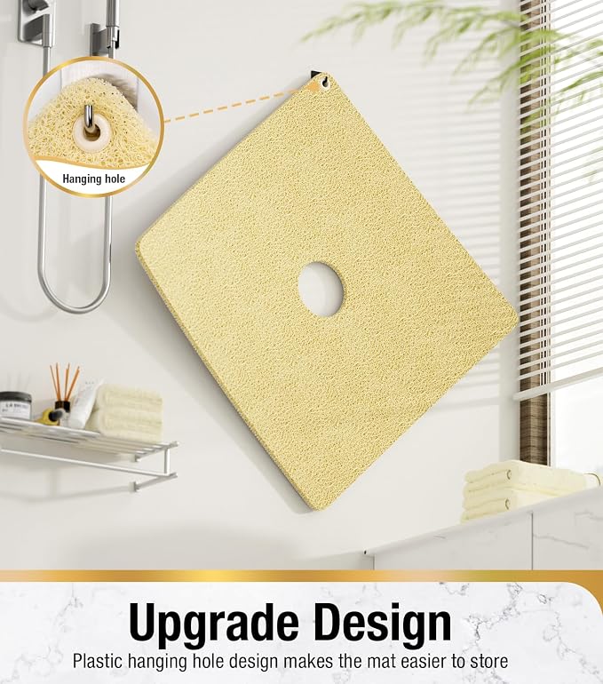 HITSLAM Shower Mat, 24x24 Inch Square Non Slip Bathtub Mat, Soft PVC Loofah Bath Mat for Tub with Hanging Holes, Quick Drying Shower Floor Mat, Without Suction Cups, Beige