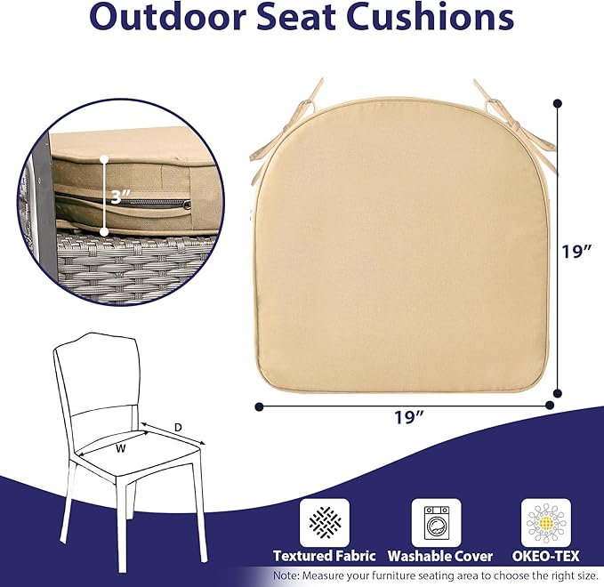 IPYNBAP Outdoor Chair Cushions Set of 4 -Waterproof Outdoor Seat Cushions for Patio Furniture, Patio Chair Cushion with Handle and Ties, Out Door Chair Pads,19x19x3-Round, Beige