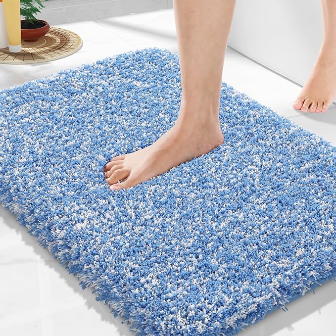 Yimobra Bathroom Rugs Non Slip Washable, Ultra Soft and Water Absorbent Bath Mats, Plush Fluffy Shower Mat Outside, Microfiber Thick Matts for Bathroom Floor/Sink, 24X17, Blue and White