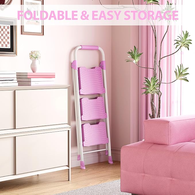 KINGRACK 3 Step Ladder, Sturdy Step Stool with Handrail, Anti-Slip Wide Pedals, 900lbs Foldable Step Stool for Home, Garage, Garden, Household, Large Loading Capacity, Pink