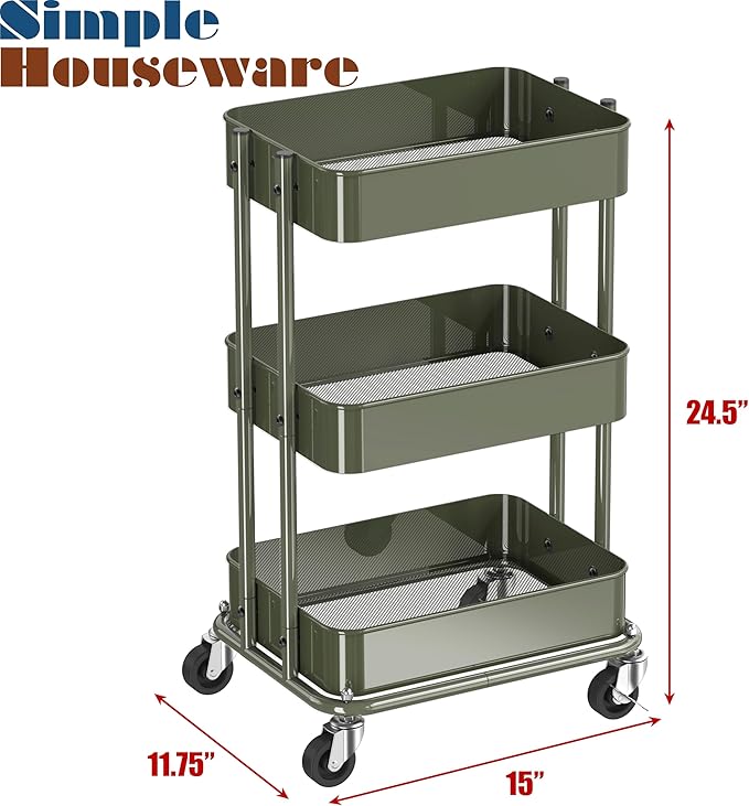 Simple Houseware 3-Tier Compact Utility Rolling Cart, Low 24” Height Fits Under Desk, Space-Saving Storage for Home Office, Dining Room, or Kitchen, Army Green
