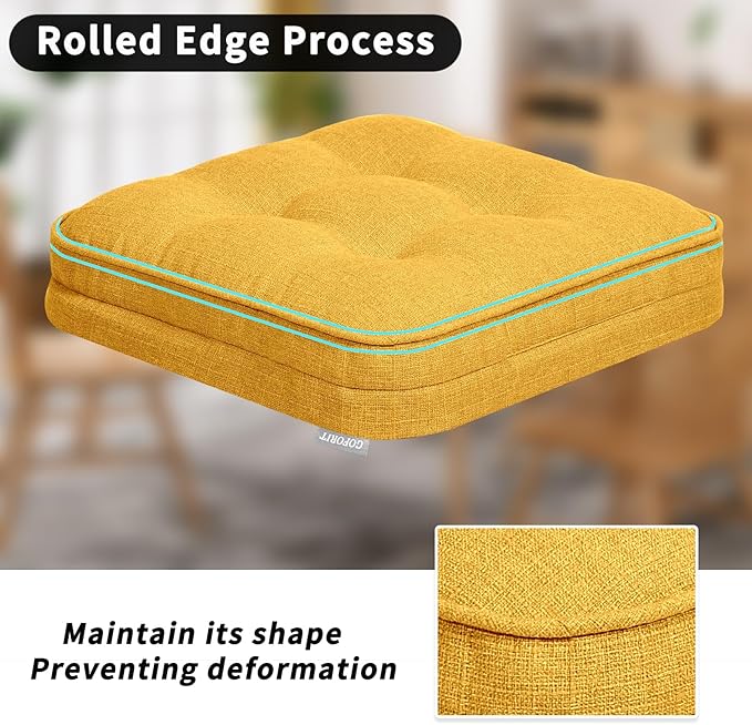 GOFORIT Memory Foam Cushion，Square Seat Cushions for Dining Chairs,Non-Slip Chair Pads with Removable Cover, 16'' x 16'', Yellow