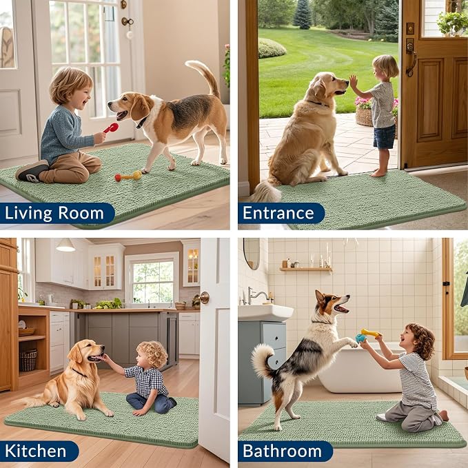 Smiry Dog Door Mat for Muddy Paws 70x24, Absorbent Dirt Trapper, Non-Slip Washable Chenille Entryway Rug for Inside Floor, Sage Green, Classic Solid