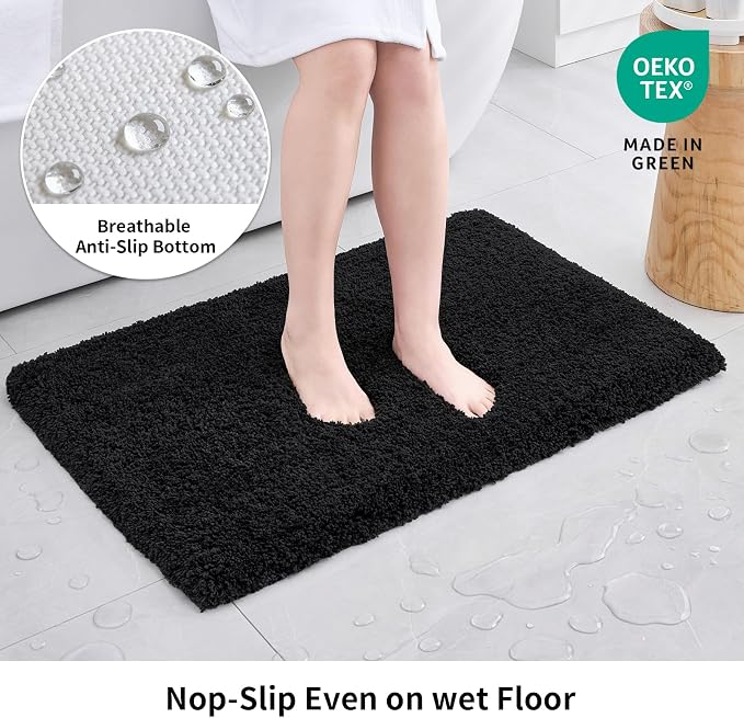 Disolla Black Bathroom Rug 17x24 - Non-Slip Plush Small Bath Mat, Highly Absorbent & Ultra Soft Fluffy Floor Mat, Machine Washable for Shower and Tub