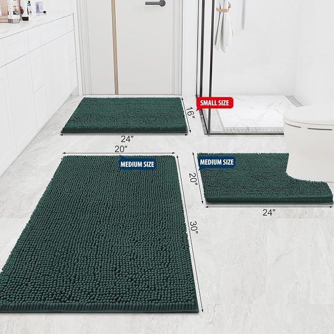 Smiry Luxury Chenille Bathroom Rugs 47x24, Extra Soft and Absorbent Shaggy Bath Mat, Machine Washable, Non-Slip Plush Carpet Runner for Tub, Shower, and Floor, Home Decor Accessories, Green