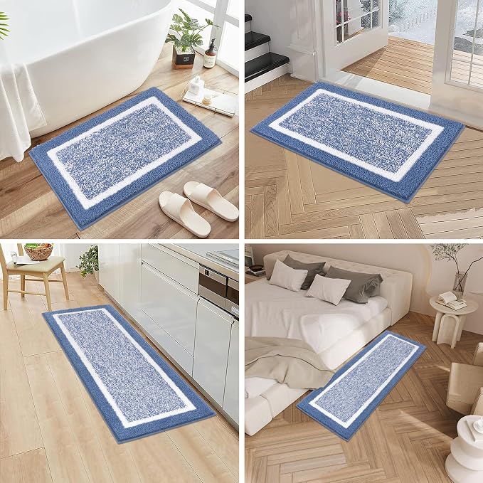 Pauwer 3 Pieces Bathroom Rugs Sets, Ultra Soft Non-Slip Mats, Microfiber Absorbent Bath Rugs with U-Shaped Toilet Rug for Bath Floor, Tub, Shower, Blue