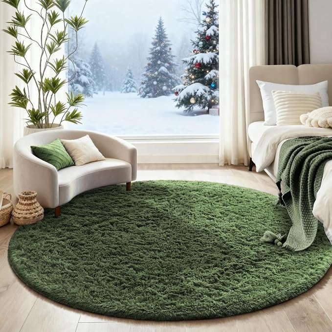 Ophanie Round Rug 5Ft Grey Green Circle Area Rug, Grayish Green Room Decor, Fluffy Fuzzy Bedroom Carpet, Plush Soft Shaggy Living Room Rugs for Kids Home Aesthetic, Nursery