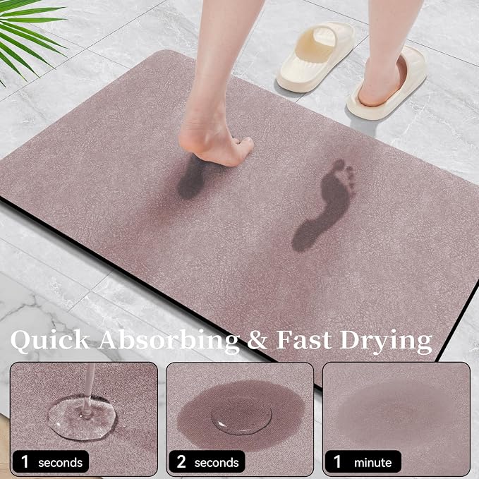 Bath Mat Rugs 24x17 - Diatomaceous Earth Bath Mats Quick Dry Absorbing Bathroom Rugs Rubber Non Slip Thin Bathroom Mat Fit Under Door, Blush Pink