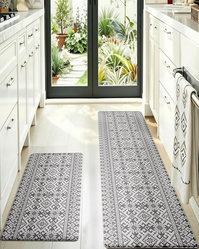 LUMI Anti-Fatigue Kitchen Floor Mats Set of 2,Cushioned Comfort Standing Rug Waterproof 2PCS, Non-Slip Ergonomic Foam Runner for Sink, Laundry, Office & Home,17x29+17x59,