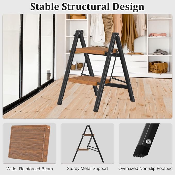 DIAMONDFORGE 2 Step Ladder, Lightweight Folding Step with Wide Anti-Slip Pedal & Feet, 330 lbs Capacity,Sturdy Steel Step Ladder for Home,Kitchen and Office,Woodgrain