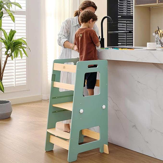 WOOD CITY Kitchen Step Stool - Safe Montessori Standing Tower for Kids with Safety Rail, Height Adjustable Toddler Ideal Helper for Learning New Skills, Anti-Slip Protection for Bathroom - Green…