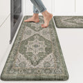 KIMODE Anti Fatigue Mats for Kitchen Floor, Green Distressed Kitchen Rugs Sets of 2, Spring Memory Foam Kitchen Mats for Floor, Waterproof Standing Mats for Sink Laundry Office Desk 17"x47"+17"x29"
