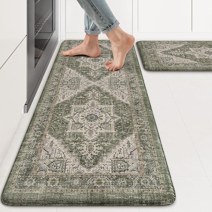 KIMODE Anti Fatigue Mats for Kitchen Floor, Green Distressed Kitchen Rugs Sets of 2, Spring Memory Foam Kitchen Mats for Floor, Waterproof Standing Mats for Sink Laundry Office Desk 17"x47"+17"x29"