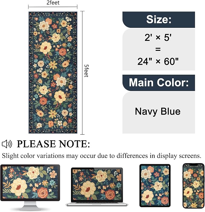 DUKINO 2x5 Runner Rug for Hallway, Washable Kitchen Floral Runner Rug with Non Slip Backing, Low Pile Soft Boho Carpet for Kitchen, Hallway, Entryway, Laundry, Bedroom, Navy Blue