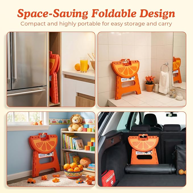 ACSTEP Folding Step Stool 9 Inch, Sturdy Collapsible Step Stool Foldable Up to 265 lbs for Kids Toddlers & Adults, Non Slip Foot Stools with Handle for Kitchen, Bathroom, Bedroom, Outdoor, Orange