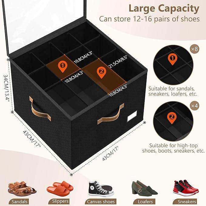 Vincona Shoe Organizer for Closet,2 Pack Shoe Storage Bins Foldable Shoe Storage Box Containers with Clear Cover and Sturdy Handles,Shoe Rack for Closet Storage for Sneakers Heels Slippers (Black)