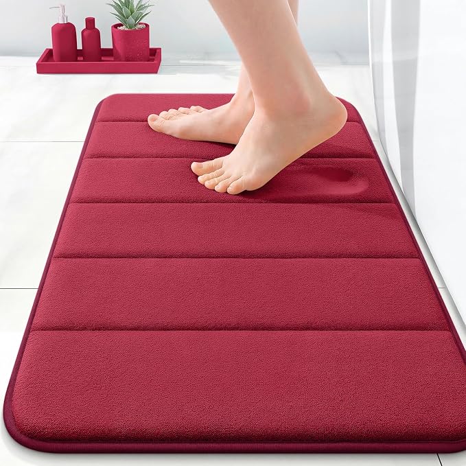 OLANLY Memory Foam Bath Mat 35x16, Super Soft Absorbent Bathroom Rugs, Quick Dry, Machine Washable Shower Floor Rugs, Bathmat Carpet, Bathroom Home Decor Accessories, Burgundy