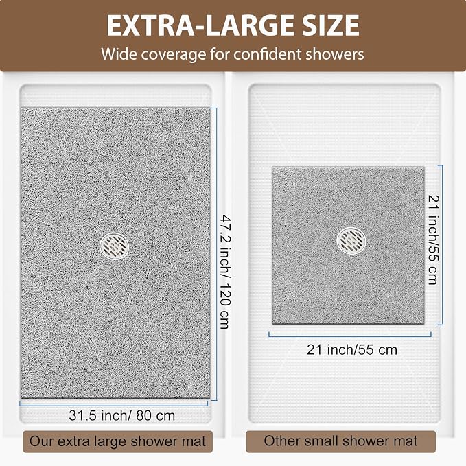 Extra Large Non Slip Shower Mat: 47.2x31.5 inch Loofah Shower Mat for Inside Shower with Drain Hole in Middle, Soft PVC Anti-Slip Shower Stall Mats for Bathroom,Wet Area, Quick Drying