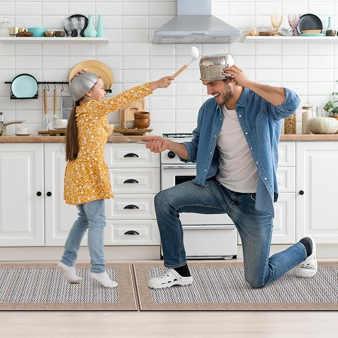 StepRite Kitchen Mats for Floor, Non-Slip Kitchen Rugs Set of 2 PCS, Super Absorbent Washable Kitchen Mats with Rubber Backing, Runner Mats for Front of Sink (20"x32"+20"x60" Khaki)