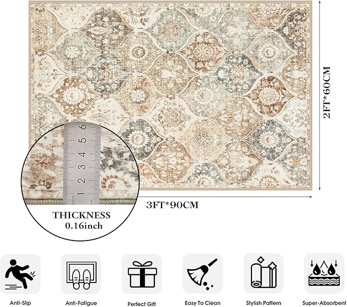 Lahome Moroccan Trellis Entryway Rug, 2x3 Kitchen Rugs Non Slip Washable, Non-Slip Indoor Door Mat Ultra-Thin, Small Throw Carpet for Bathroom Bedroom Entry Elise, Khaki