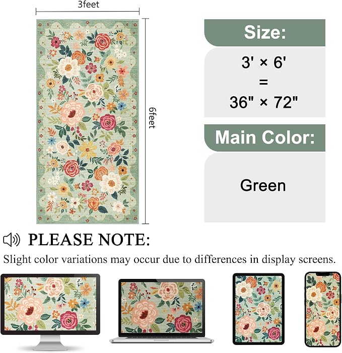 DUKINO 3x6 Runner Rug, Washable Soft Floral Hallway Runner Rug with Non Slip, Low Pile Thin Floor Carpet for Kitchen, Bathroom, Entryway, Laundry, Entryway, Green