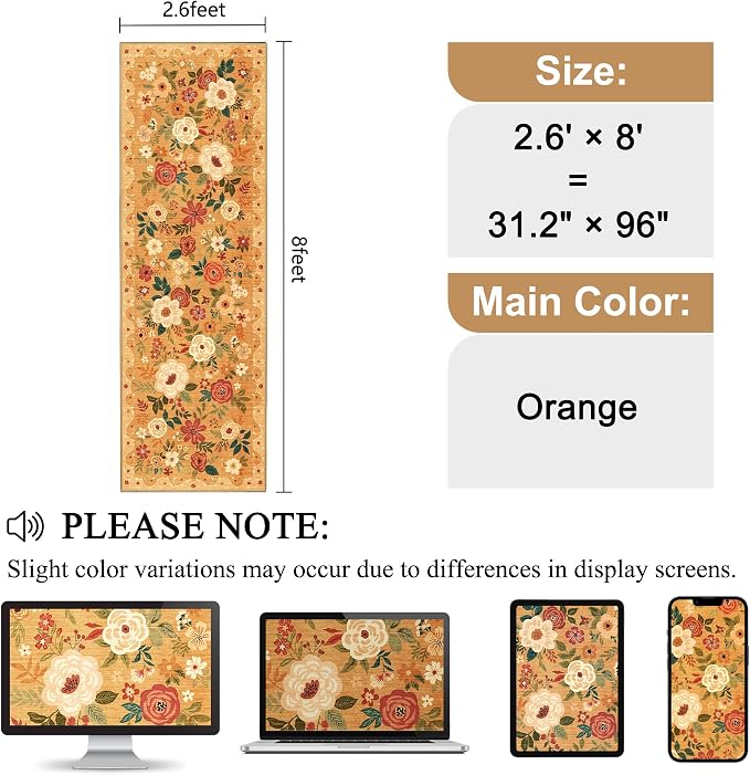 DUKINO Runner Rug, 2.6x8 Kitchen Rug for Hallway with Non Slip Backing, Washable Low Pile Soft Boho Floral Runner Carpet for Hallway, Kitchen, Entryway, Laundry, Bedroom, Orange