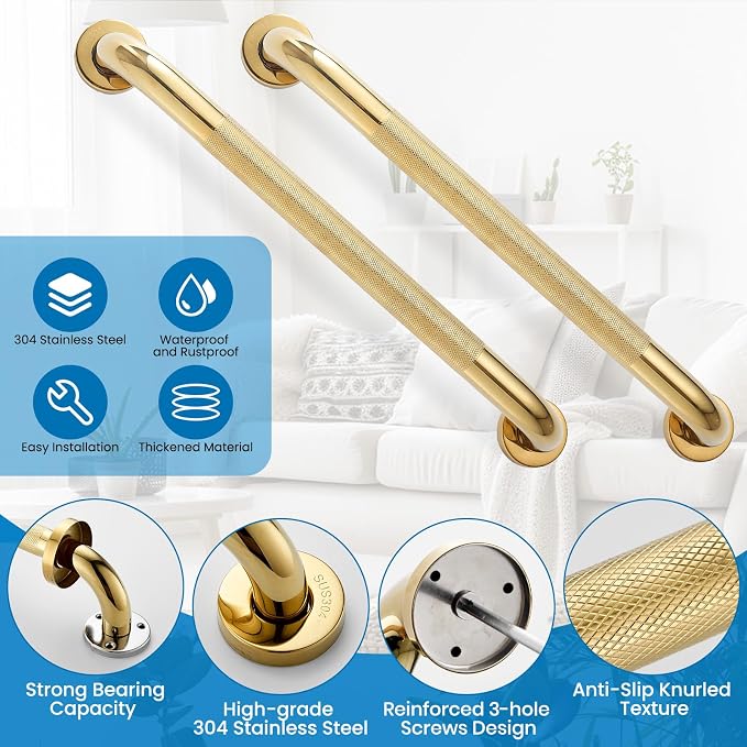 Grab Bars for Shower, Zynuhmo 2 Pack 20 Inch Anti Slip Safety Grab Bar 1.25" Diameter Stainless Steel Shower Handrails for Handicap Injury Pregnant Senior Assist Bath Shower Handles(Titanium Gold)