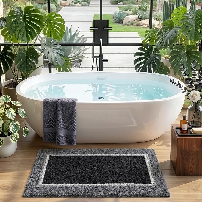 DEXI Bathroom Rugs 36x24, Absorbent Extra Soft Plush Microfiber Bath Mat for Bathroom, Non Slip Washable Bathmat Quick Dry for Shower Floor, Sink, Tub, Laundry Room, Black and Grey