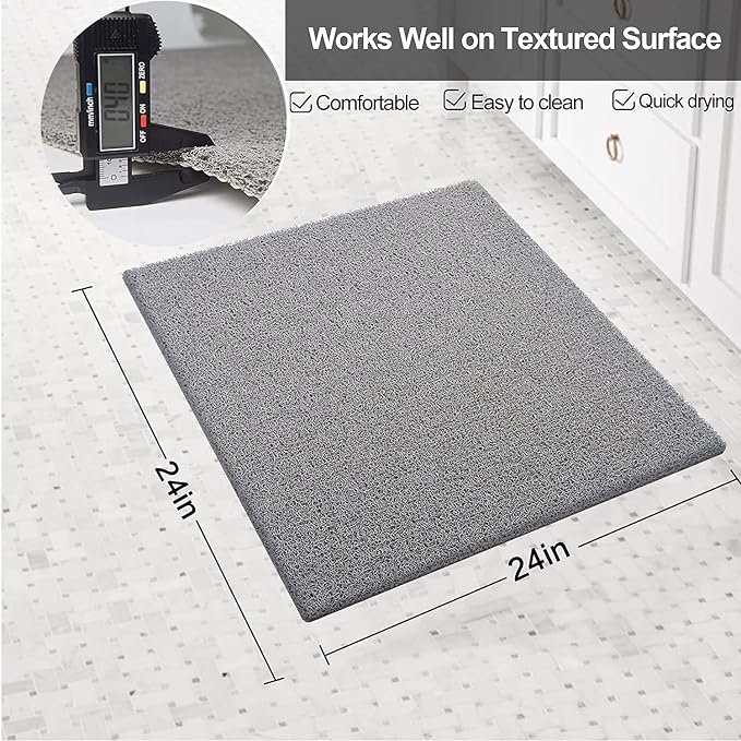 Shower Mat Non Slip Without Suction Cups 24x24 inch, PVC Loofah Bath Mat for Textured Tub Surface,Shower,Bathroom, Quick Drying (Grey)