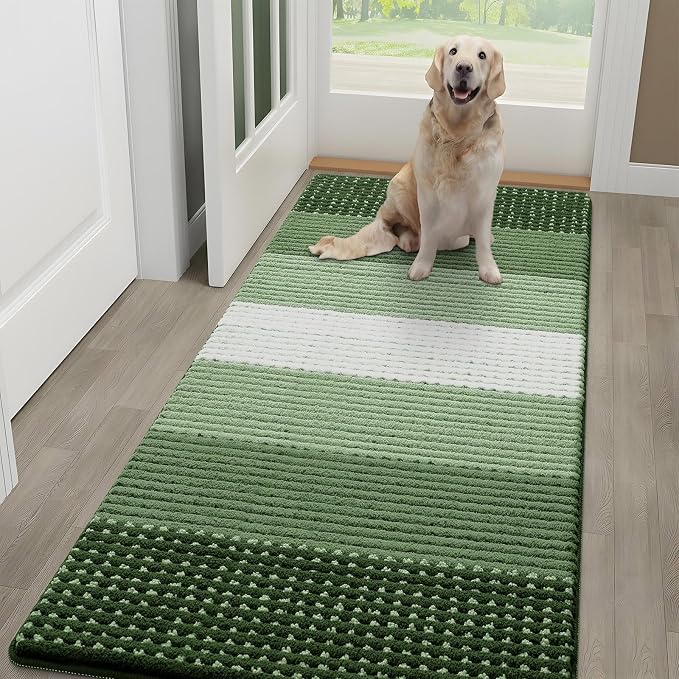 Kitinjoy Indoor Outdoor Door Mat, 59x24 Non-Slip Absorbent Dirt Trapper, Low-Profile Washable Inside Entrance Front Floor Mat, Sturdy Soft Entry Dotted Ombre Doormats for Entryway, Green