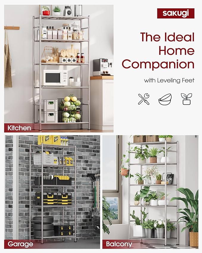 Sakugi Storage Shelves Organizer - 5 Tier Metal Shelf Organizer with Metal Wheels and Adjustable Leveling Feet, Heavy Duty Garage Shelving for Kitchen, Pantry and Closet, 33.1"x12.6"x73.5", Sliver