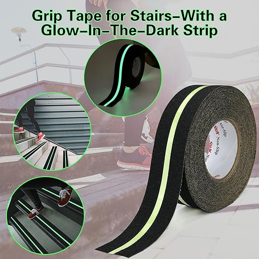 S&X Heavy Duty Anti Slip Tape 2 Inch x 60 Ft with Glow in The Dark Strip - Durable Grip Tape for Stairs, Outdoor Non Slip Stair Tread Non-Skid Safety Tape