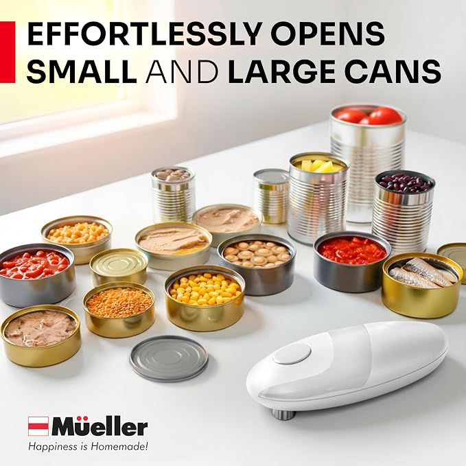 MUELLER HOME SmoothEdge Auto Electric Can Opener – Battery‑Operated One‑Touch w Magnet Lid Lifter, Smooth‑Edge Cut Technology – Portable Hands‑Free Automatic Can Opener for Seniors & Arthritis, White