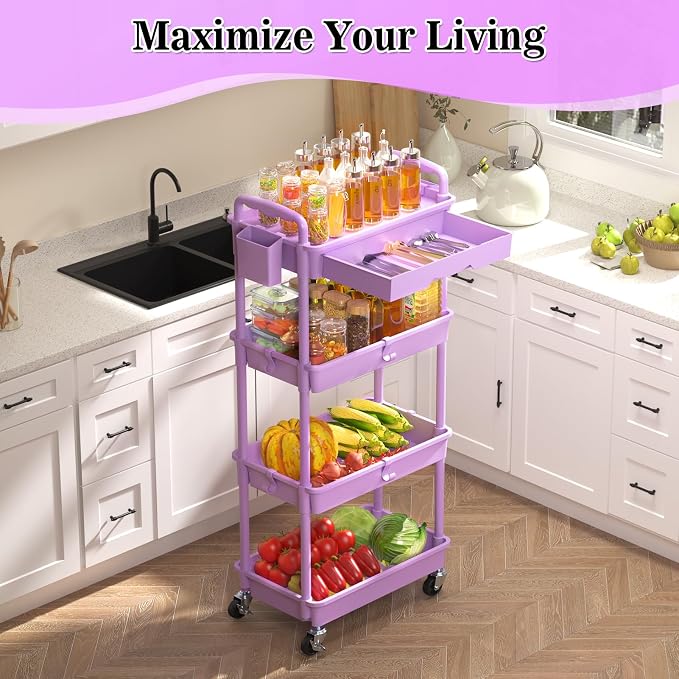 SUNALLY 4 Tier Rolling Cart Organizer with Drawer, Bathroom Storage Carts with Wheels & Plastic Shelf, Mobile Storage Organizers for Kitchen, Office, Laundry Room, Baby, Snack, Craft, Makeup, Purple