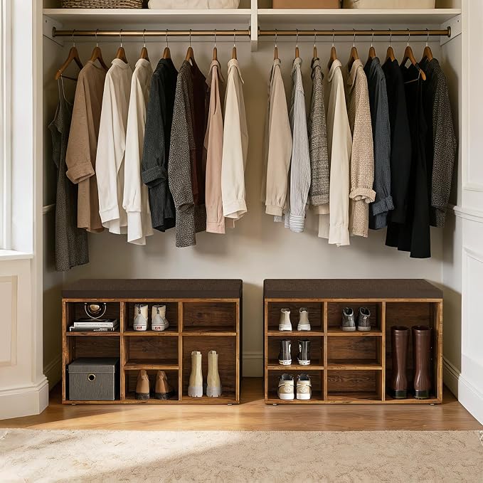 DINZI LVJ Shoe Storage Bench with Cushion, Cubby Rack with 9 Cubbies, Adjustable Shelves, Multifunctional Organizer Bench for Entryway, Mudroom, Hallway, Closet and Garage, Rustic Brown