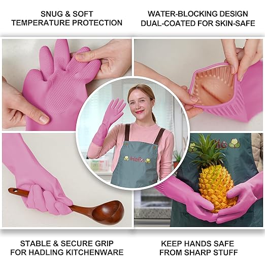 DABOGOSA Mamison 2 Pairs Reusable Waterproof Household Dishwashing Cleaning Rubber Gloves, Non-Slip Kitchen Glove (Pink, XXL (Pack of 3))